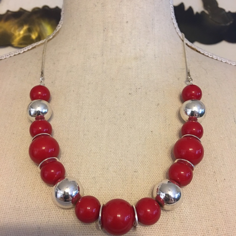 Vintage red and silver beaded necklace